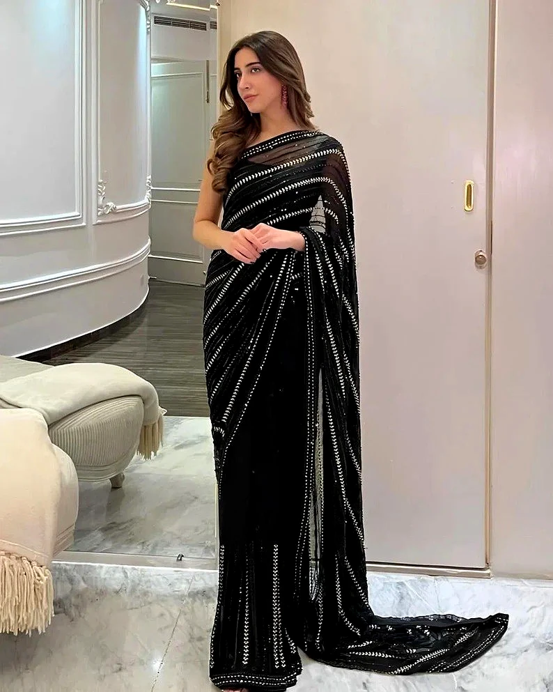 Black Georgette Saree with Sequence Work by SHIV TEXTILES