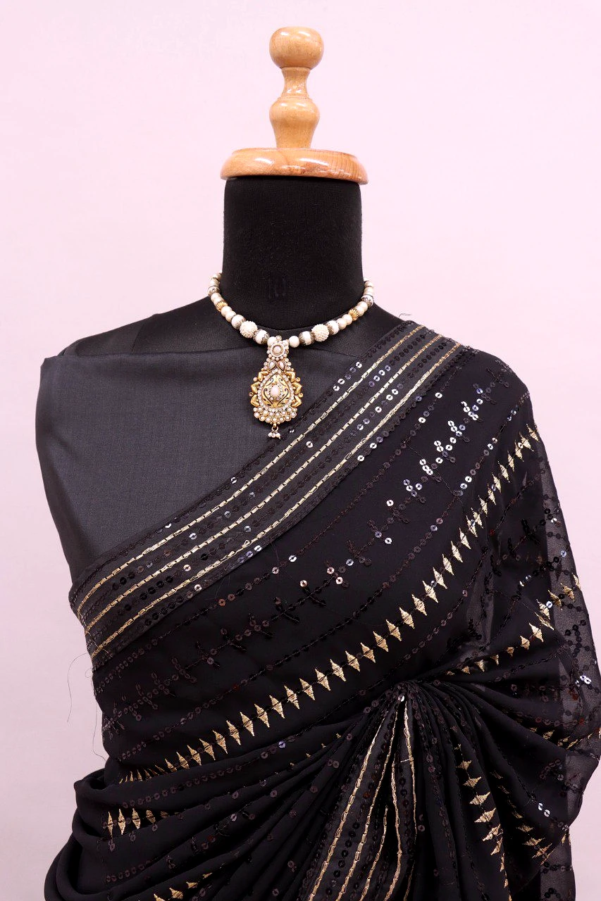 Black Georgette Saree with Sequence Work by SHIV TEXTILES view 2