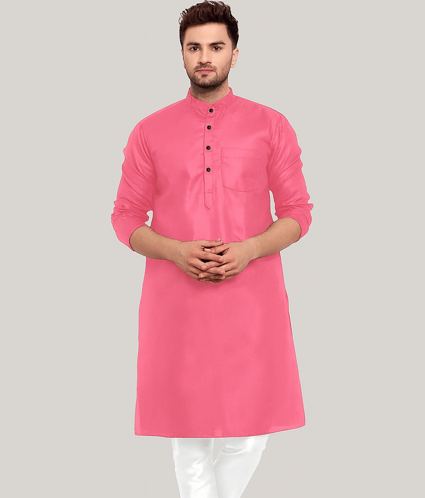 Balaji's Cotton Blend Plain Regular Kurta For Men ( Pink )