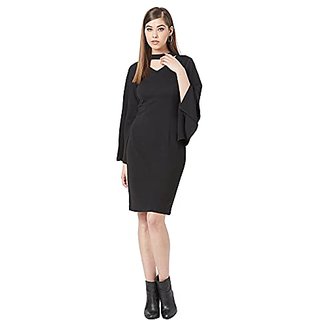 Miss Chase Womens Black V-Neck Flared Sleeve Solid Bodycon Knee-Long Dress view 2