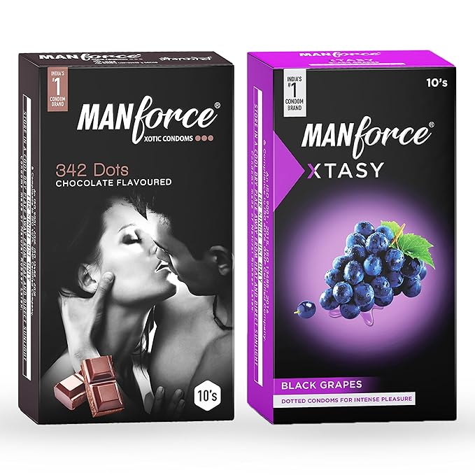 MANFORCE 3 in 1 (Ribbed Contour Dotted) Wild Black Grapes Flavoured Condoms- 10 Pieces & Chocolate flavor condom - 10 Pieces Condom (Set of 2 20 Sheets)