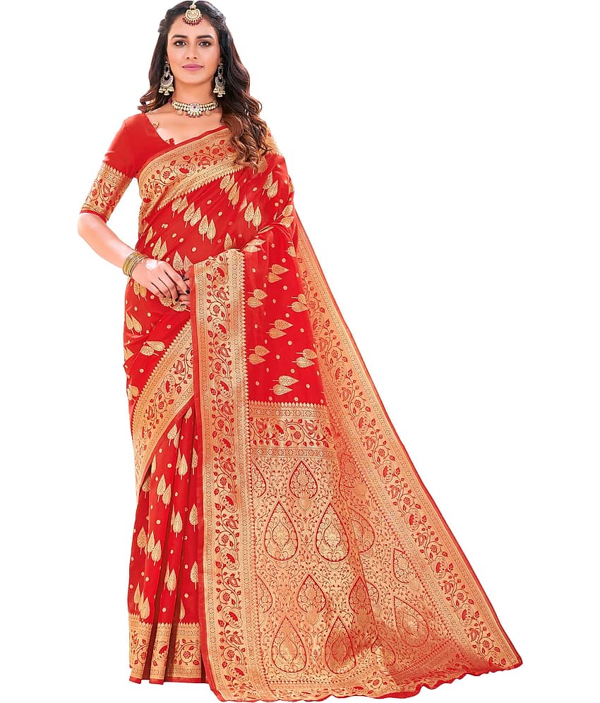 Dressy Banarasi Silk Self Design Saree With Unstitched Blouse Piece ( Red ) view 2