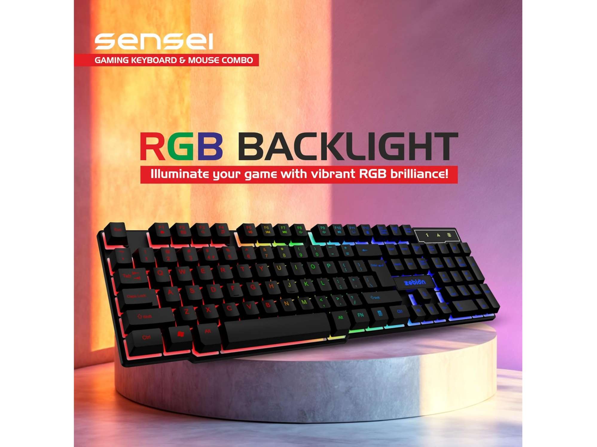 Zebion Sensei Wired Gaming Keyboard Mouse Combo with RGB Lights - Black