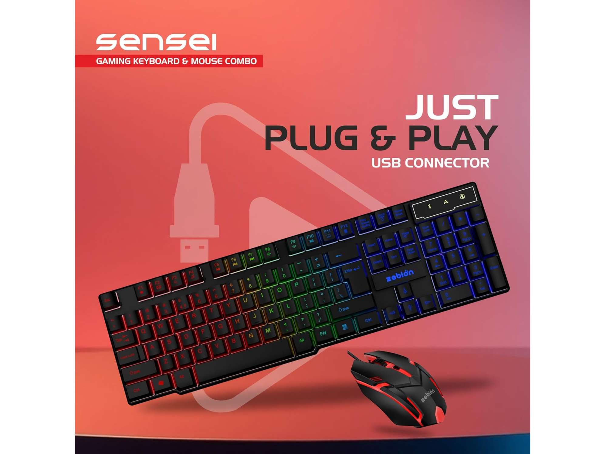 Zebion Sensei Wired Gaming Keyboard Mouse Combo with RGB Lights - Black view 2