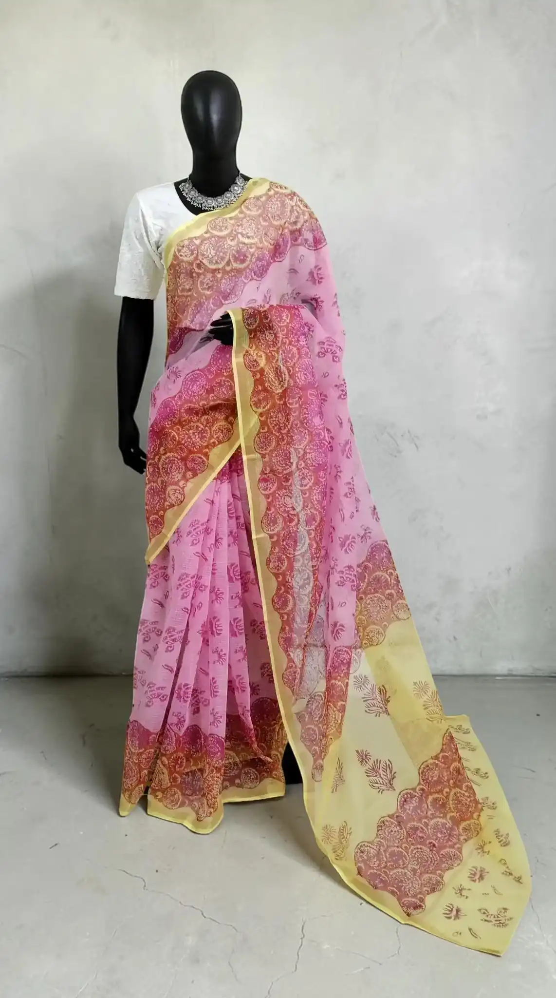 Handwoven Kota Doria Block Print Saree in Yellow with Blouse