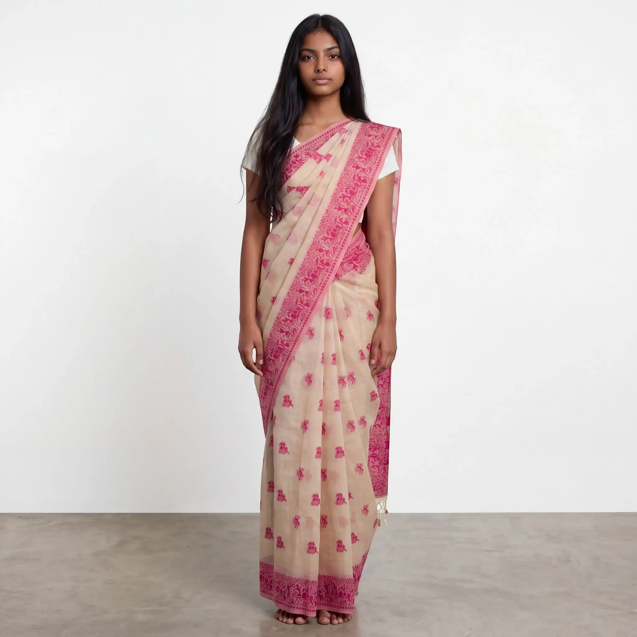 Sambalpuri Baandha Ikat Cotton Saree in Ivory and Pink with Blouse