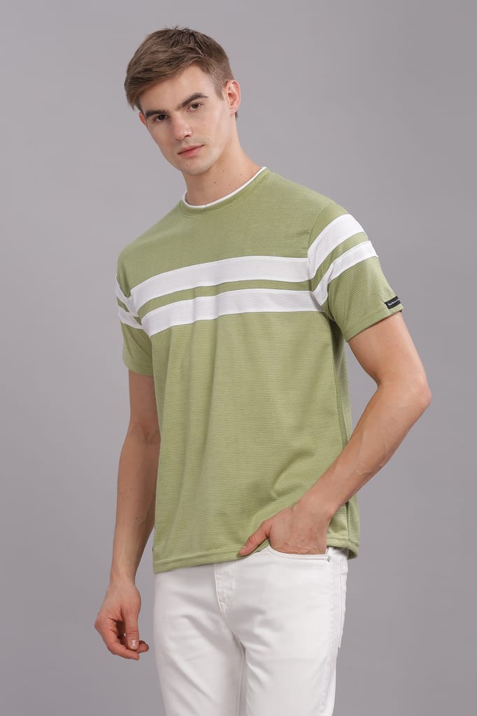 Men Striped Round Neck Polyester Grey T-Shirt view 2