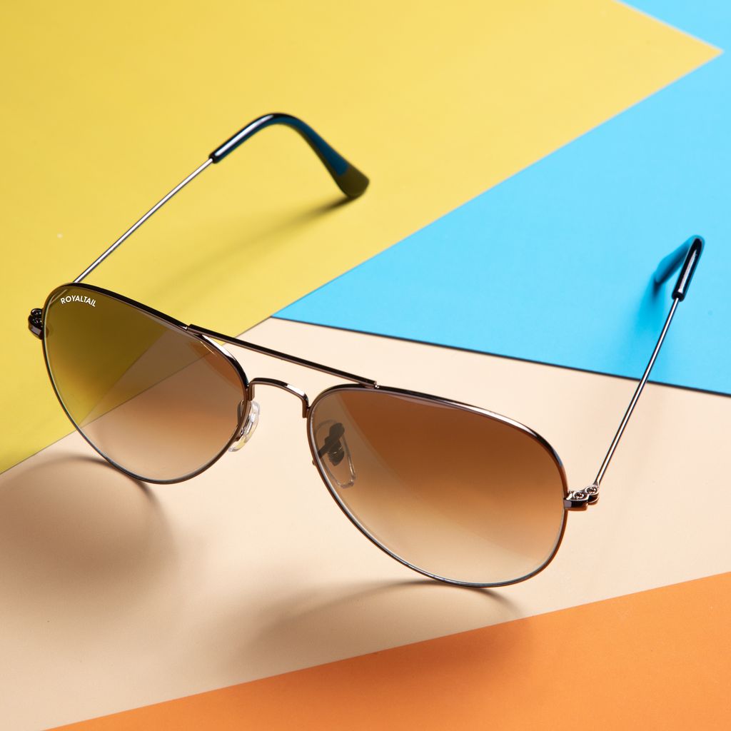 Royaltail Dark Brown Gradient Glass and Brown Frame Aviator Sunglasses For Men and Women