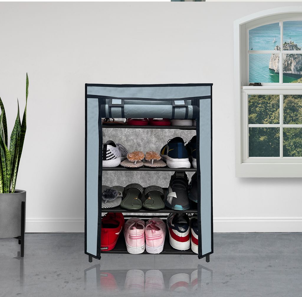 PHILOSHOP 4-Tier Metal Shoe Rack with Dustproof Cover – Black, Space-Saving Storage Organizer for Entryway