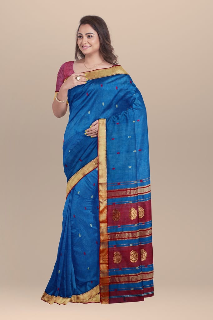 Ocean Blue Buta Buti Checks Handwoven Sausar Silk with Zari Border Saree SKU-BS10012 view 2