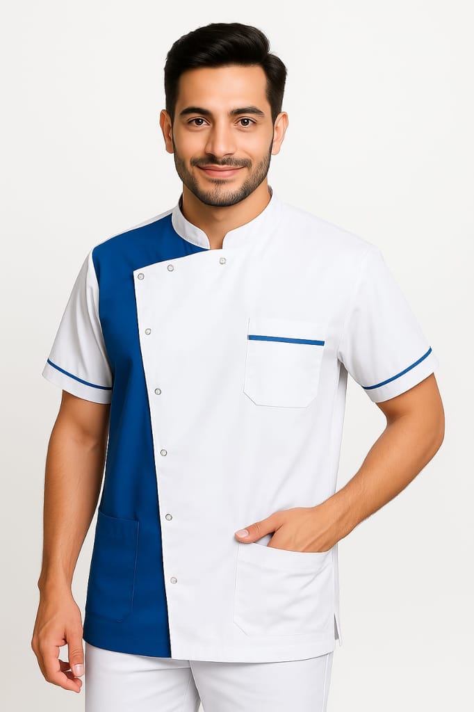 Unisex Dentist Apron | Dual-Tone Design | 3-Pockets | White & Sky Blue | Comfortable Fit | Easy Snap Buttons | Ideal for Dental Doctors & Medical Professionals