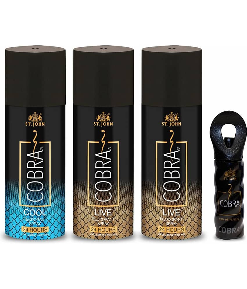 ST.JOHN Cobra Live 150ml*2,Cool 150ml & Perfume 15ml Deodorant Spray & Perfume for Men - Pack of 4