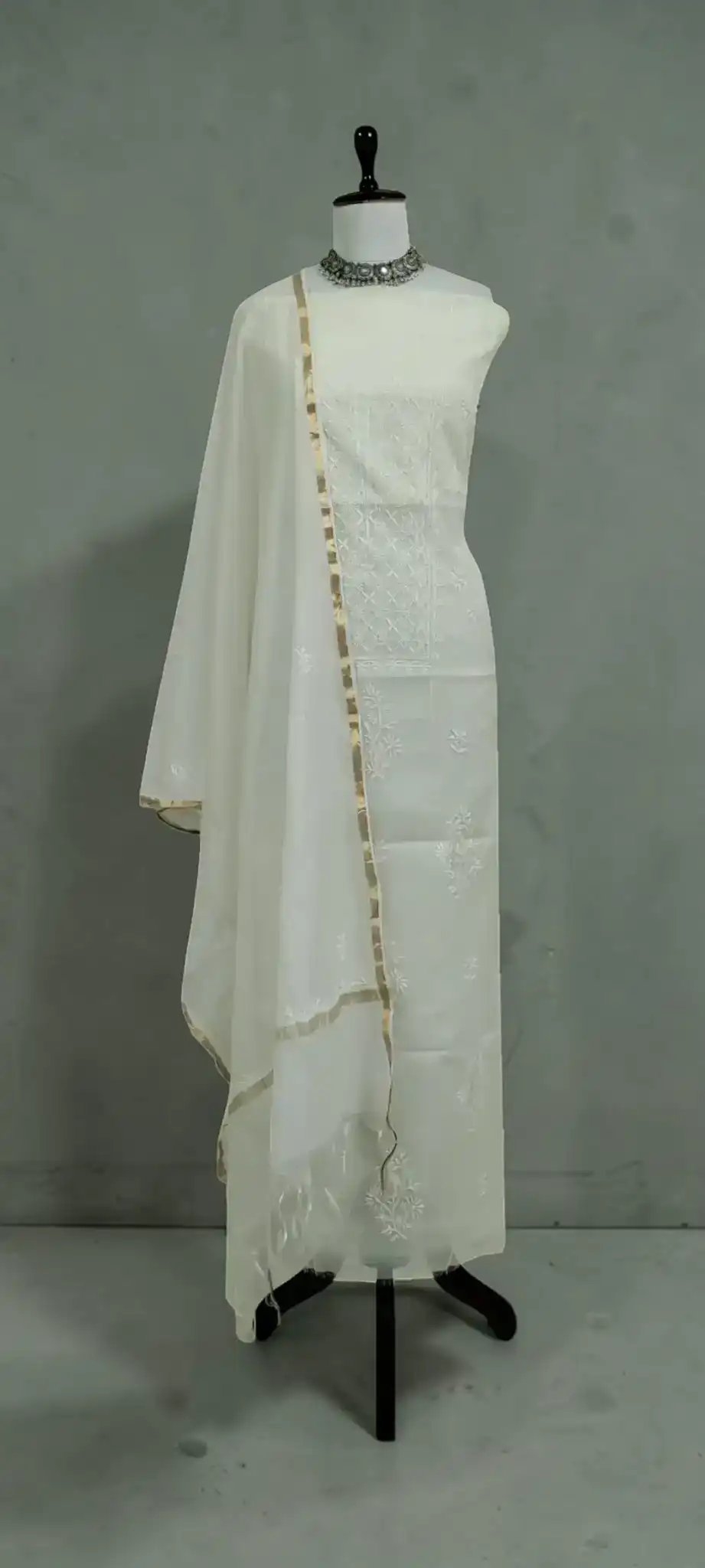 White Chikankari Mul Cotton Dress Material with Hand-Embroidered Dupatta