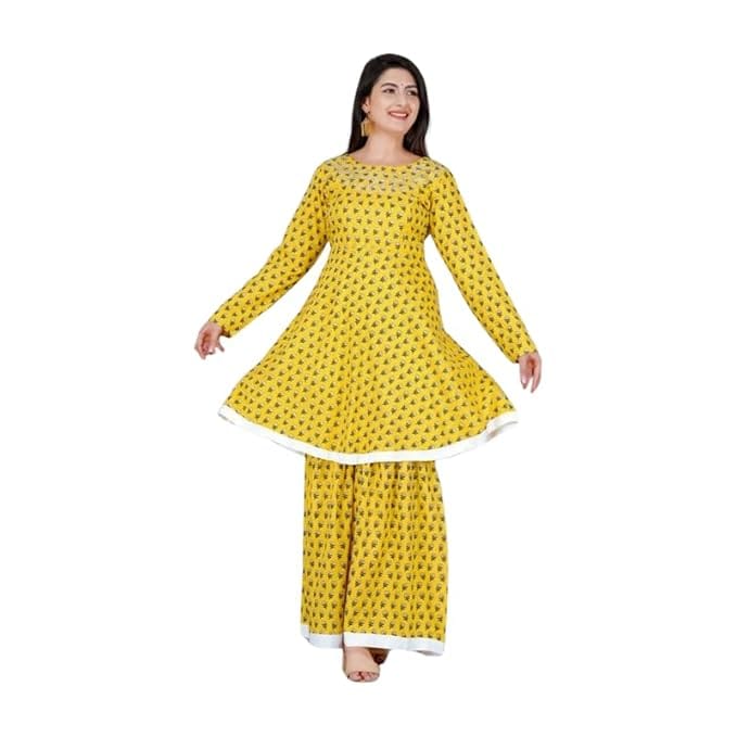 IndiVibes Cotton Rayon Kurta with Sharara Calf Length Kurta with Full Sleeves, Festive & Party Occasions