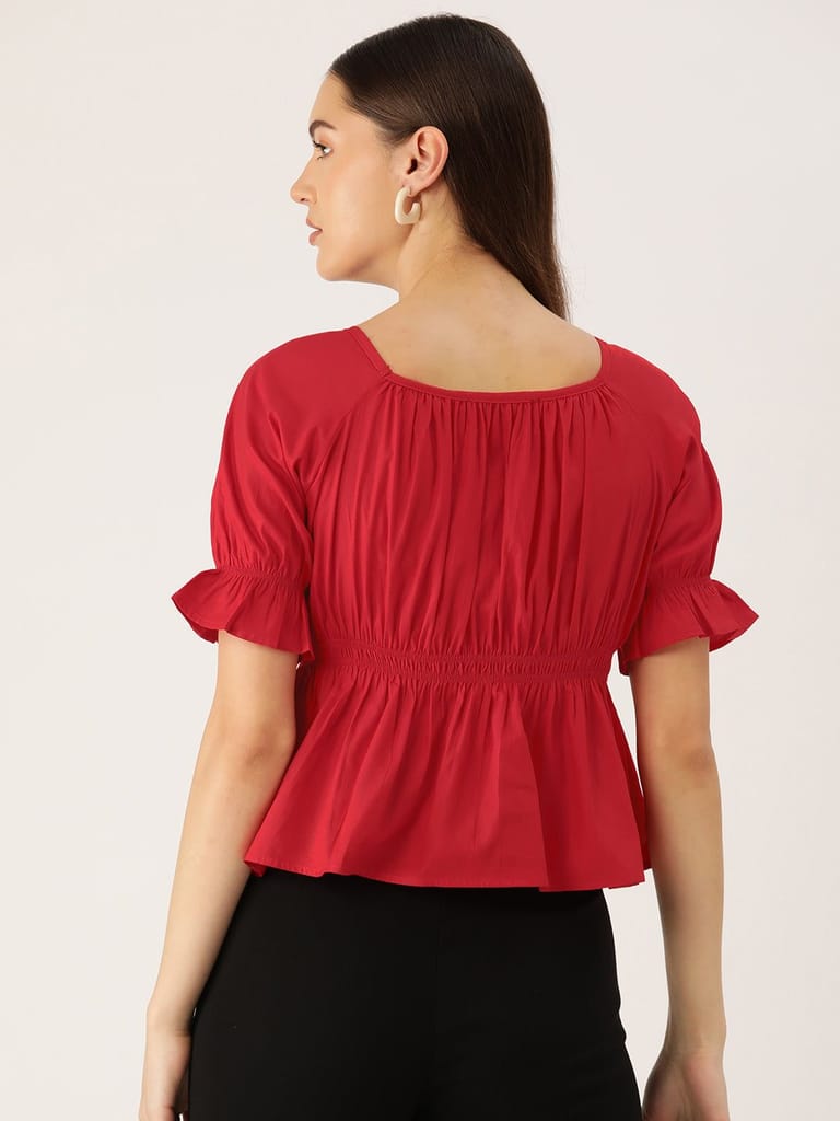 Red Puff Sleeves Peplum Top view 2