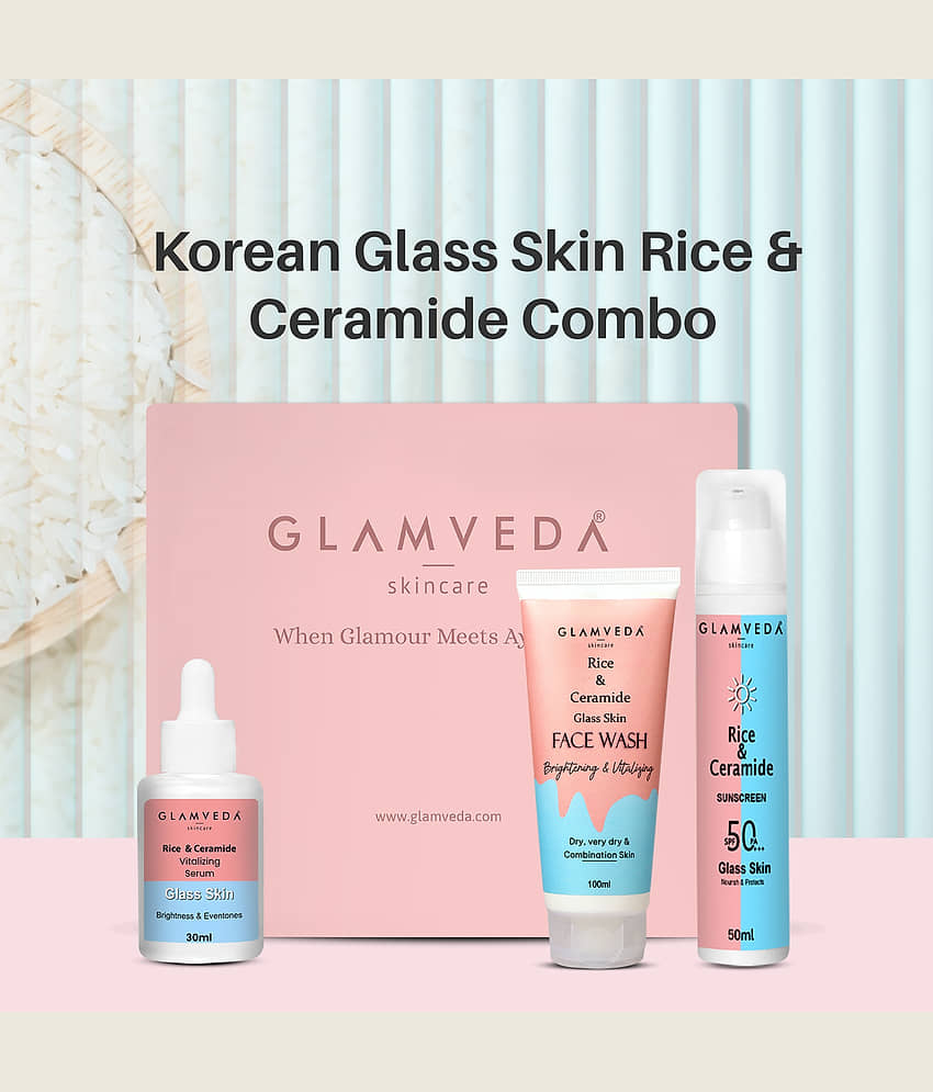 Glamveda Korean Glass Skin Rice & Ceramide 3 Step Combo | Face Wash, Serum & Sunscreen