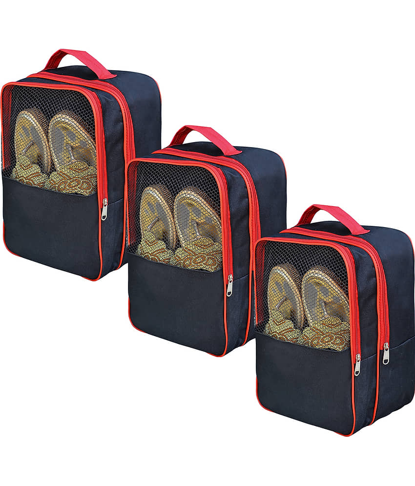 Large Shoe Storage Bag with Mesh Window, Navy Blue and Red Trim, Travel Organiser Bag for Footwear, Transparent Display Case, 30x23x14cm