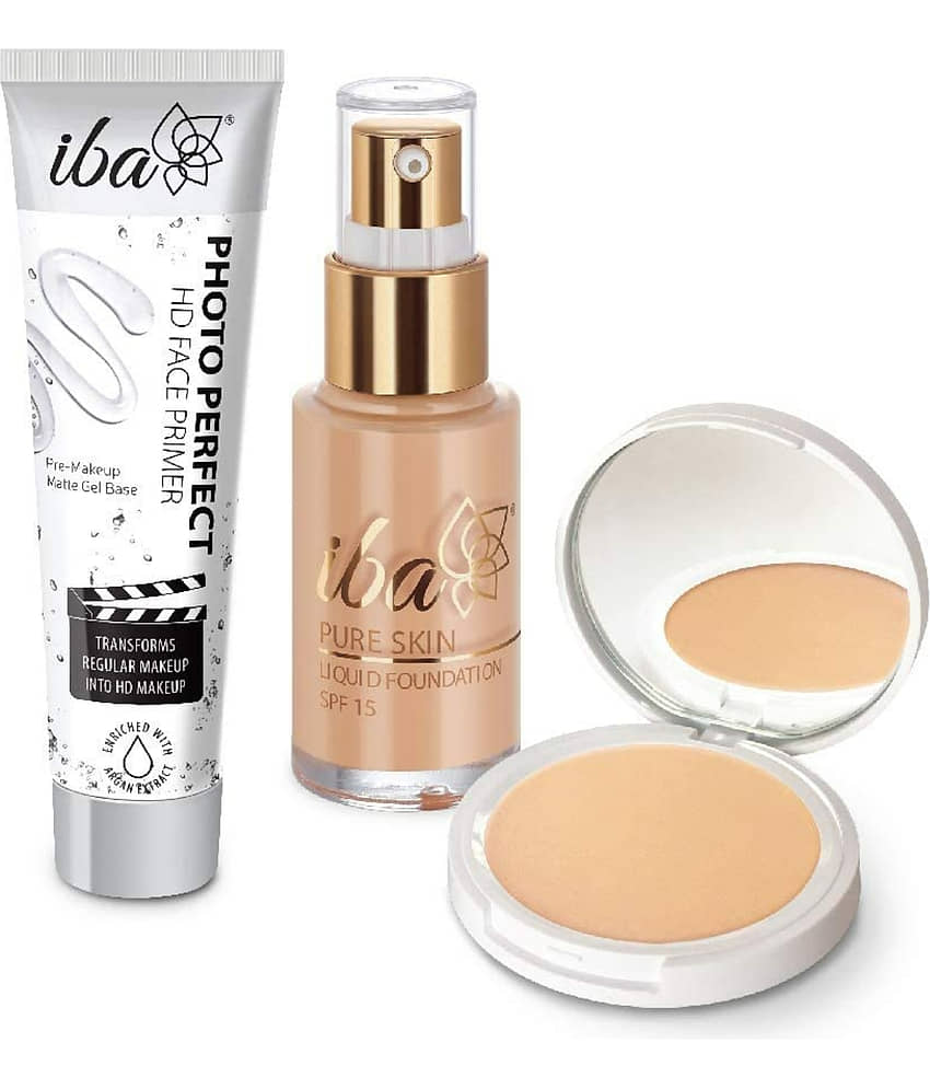 Iba Primer, Foundation ,Compact Combo Golden Beige, Long Lasting, Full Coverage Base Makeup, (Pack of 3)