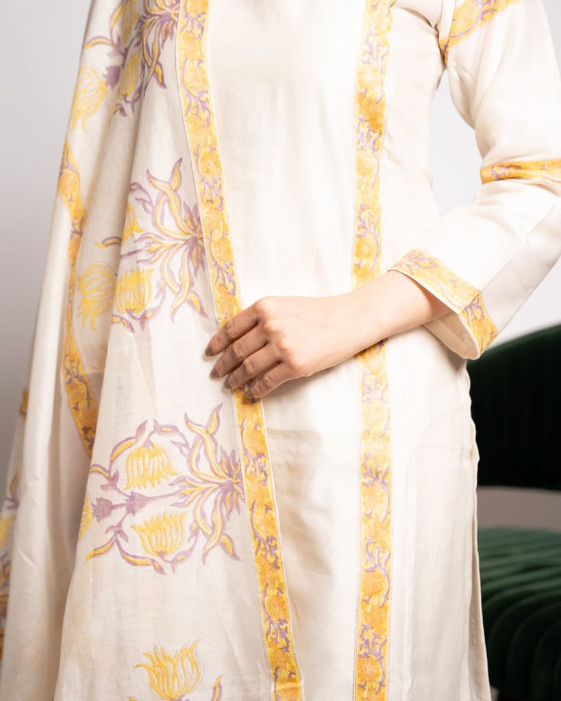 White Chanderi Kurta Set with Pearl Accents by Aagaaz Jaipur view 2