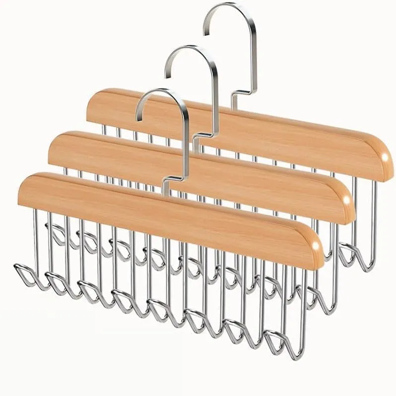 Multipurpose 8 Hook Non-Slip Hanger for Lingerie, Bra, Belt, Tie & Scarf Organizer | Adjustable Rotating Closet Storage Hanger | Space Saving Wardrobe Organizer (Wooden/Metal) (Pack of 3)