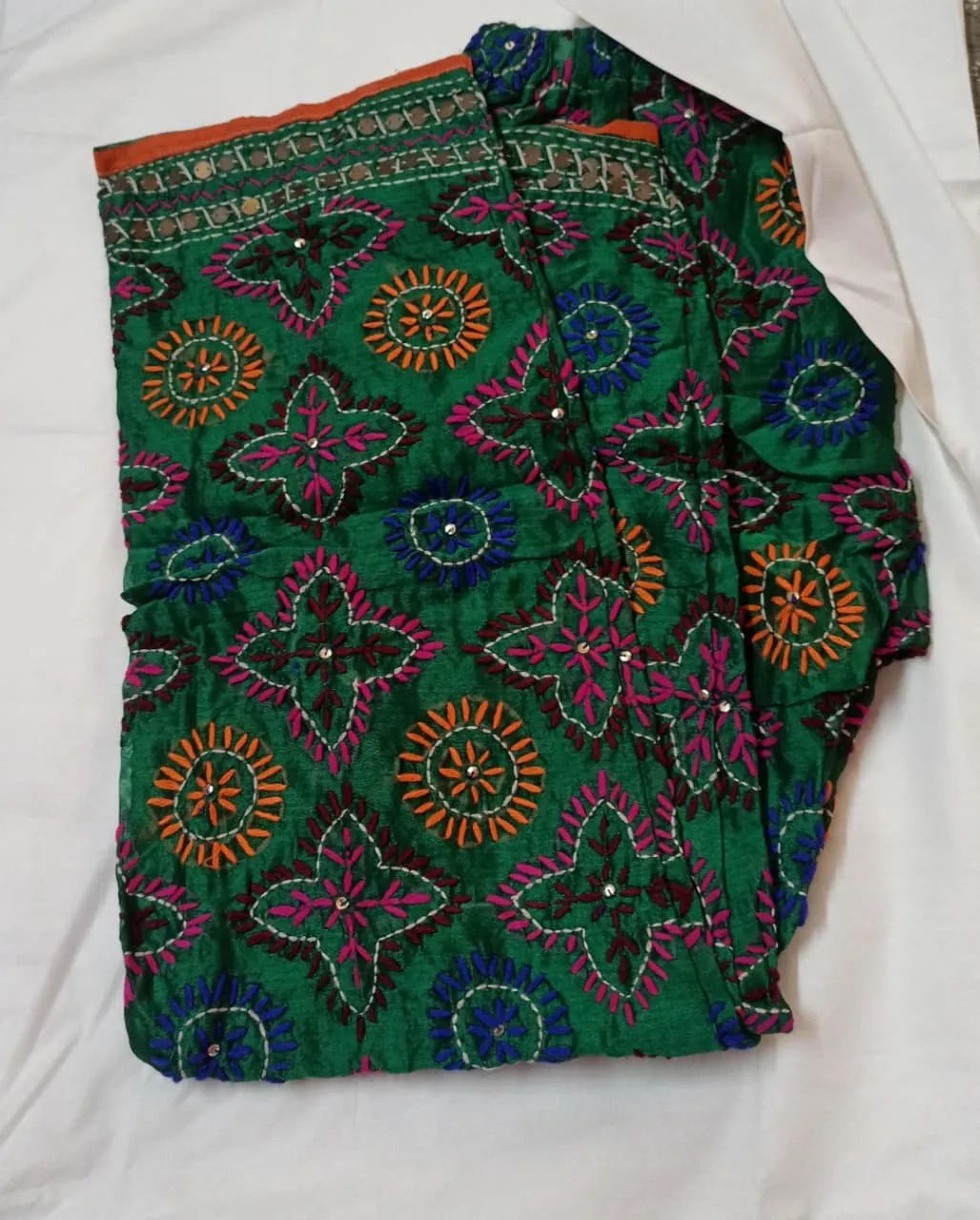 Fulkari silk pant having complete cotton lining with fully embroidery work.
