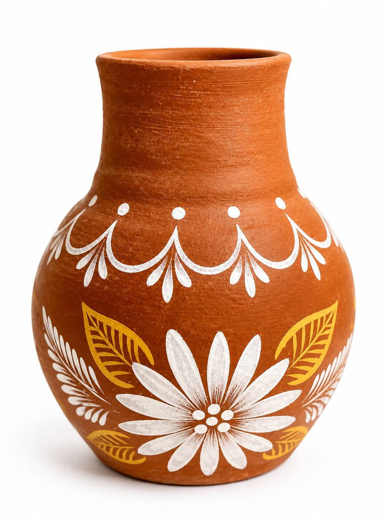 Hand-Painted Terracotta Vase with Floral Motif