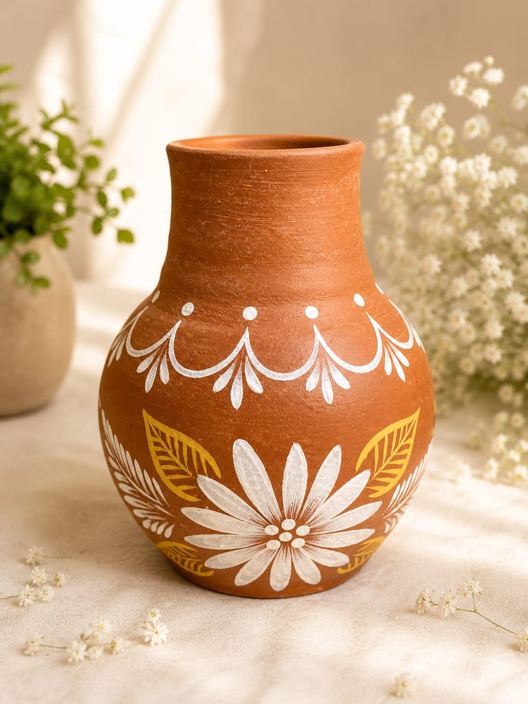Hand-Painted Terracotta Vase with Floral Motif view 2