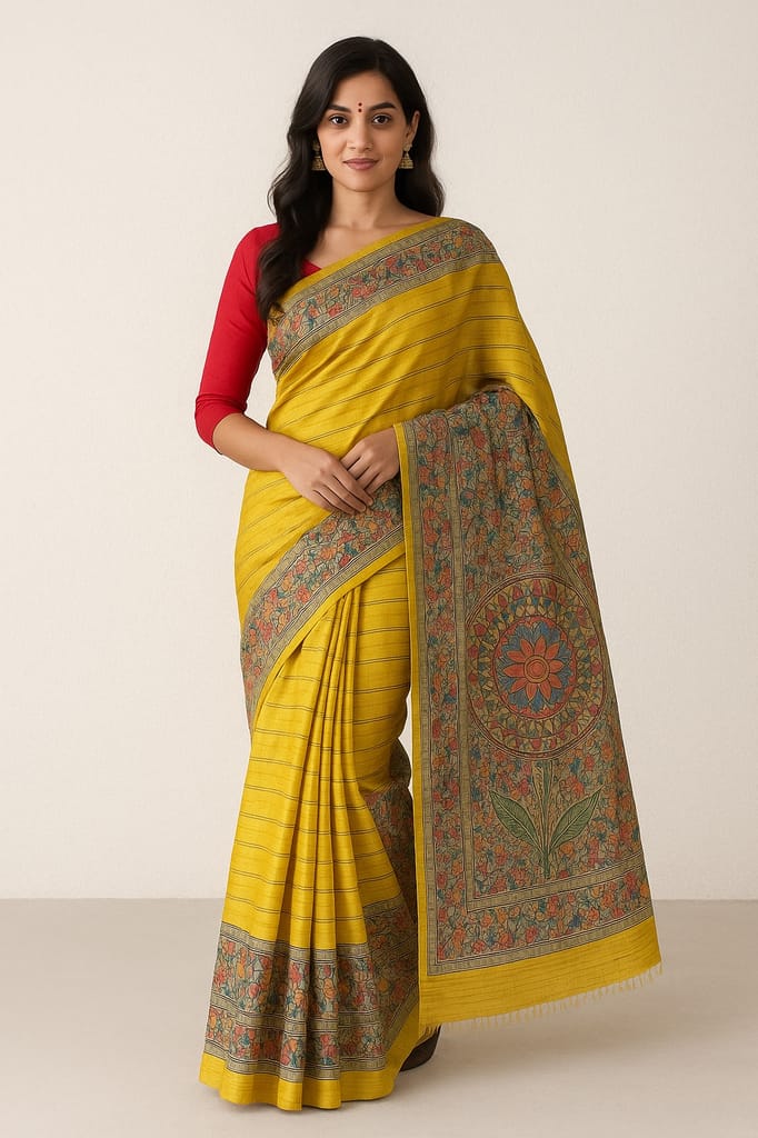 [Pack of 2] Elegant Mustard Yellow Bhagalpuri Silk Saree with Printed Floral Pallu & Border