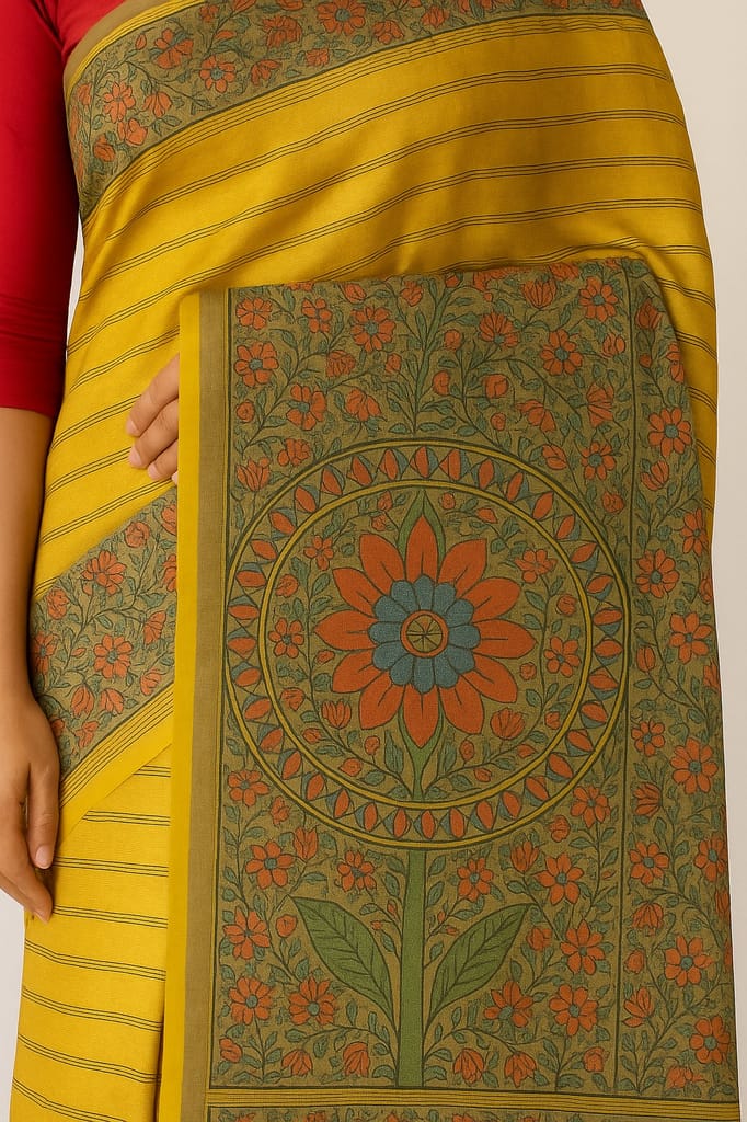 [Pack of 2] Elegant Mustard Yellow Bhagalpuri Silk Saree with Printed Floral Pallu & Border view 2
