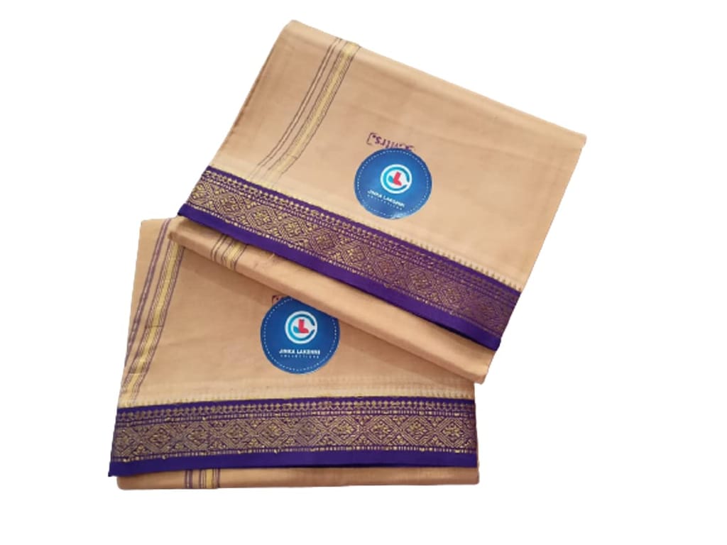Jinka Lakshmi Collections 100% Handloom Cotton Biscuit Color Dhoti With Zari Border Up and Down 4 Meters Unstitched Pack of 2 (Multicolor-3) view 2