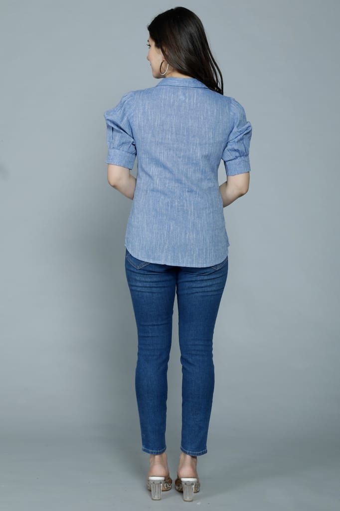 Women's Casual Solid Blue Shirt with Puff Sleeves view 2