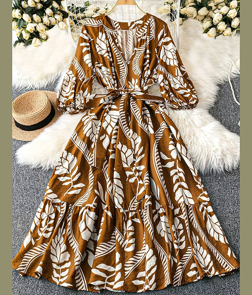 ZWERLON Women Viscose Rayon Printed Fit & Flare Dress ( Brown )