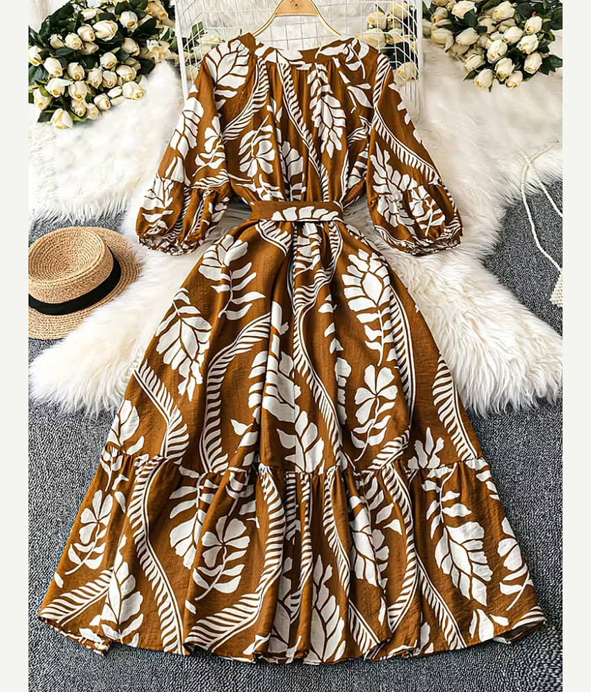 ZWERLON Women Viscose Rayon Printed Fit & Flare Dress ( Brown ) view 2
