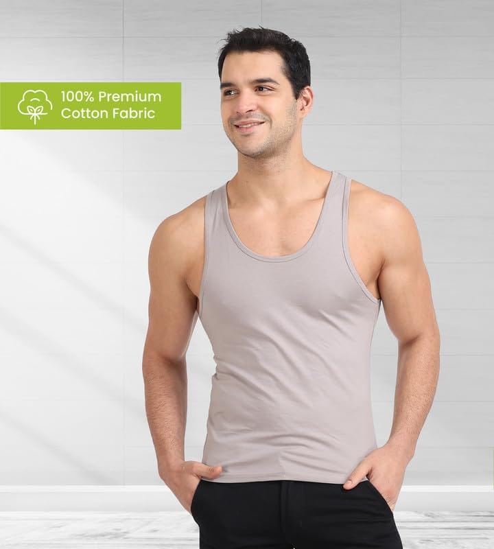 Freecultr Cotton Vest for Men Sleeveless Lightweight Solid Round Neck Comfort Vests Breathable & Comfortable Innerwear Sando for Man Regular Fit Pack of 2-Light Grey,White view 2