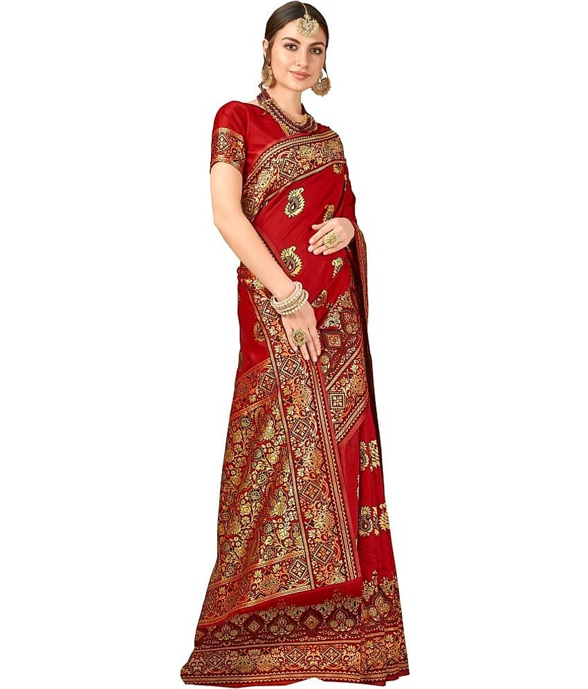 Dressy Jacquard Embellished Saree With Unstitched Blouse Piece ( Maroon ) view 2