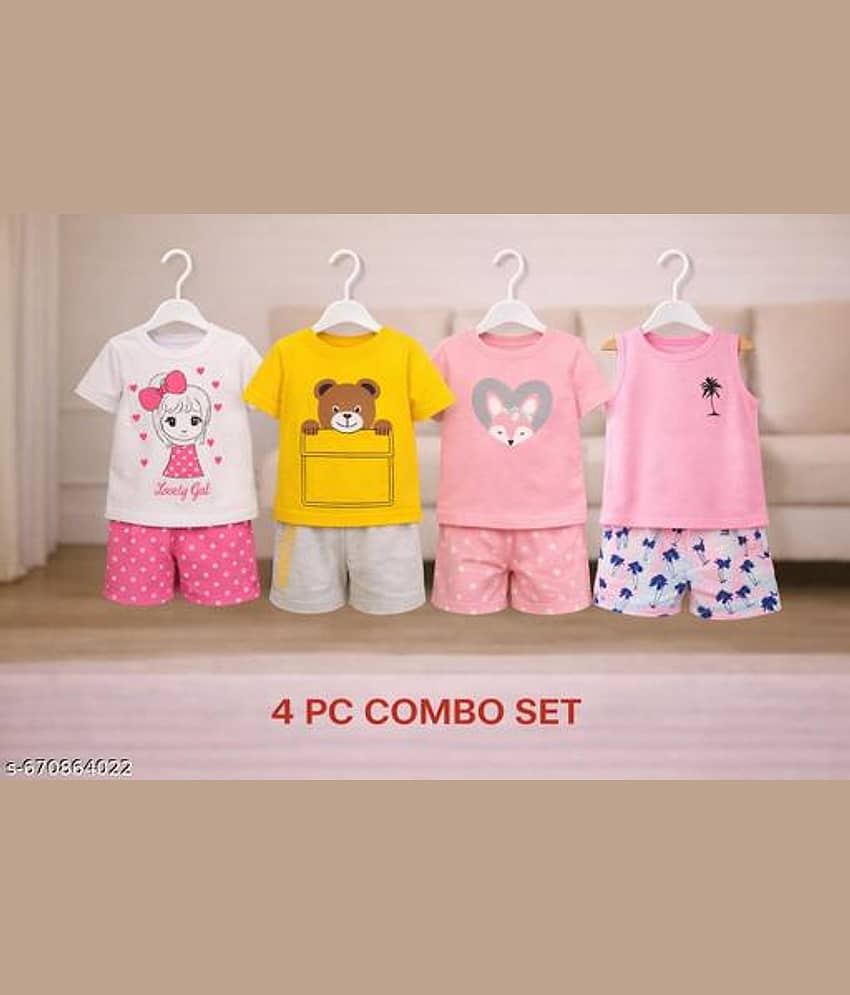 ODIMENT Pack of 4 Girls Cotton Blend T-shirt & Shorts ( Multicolor )