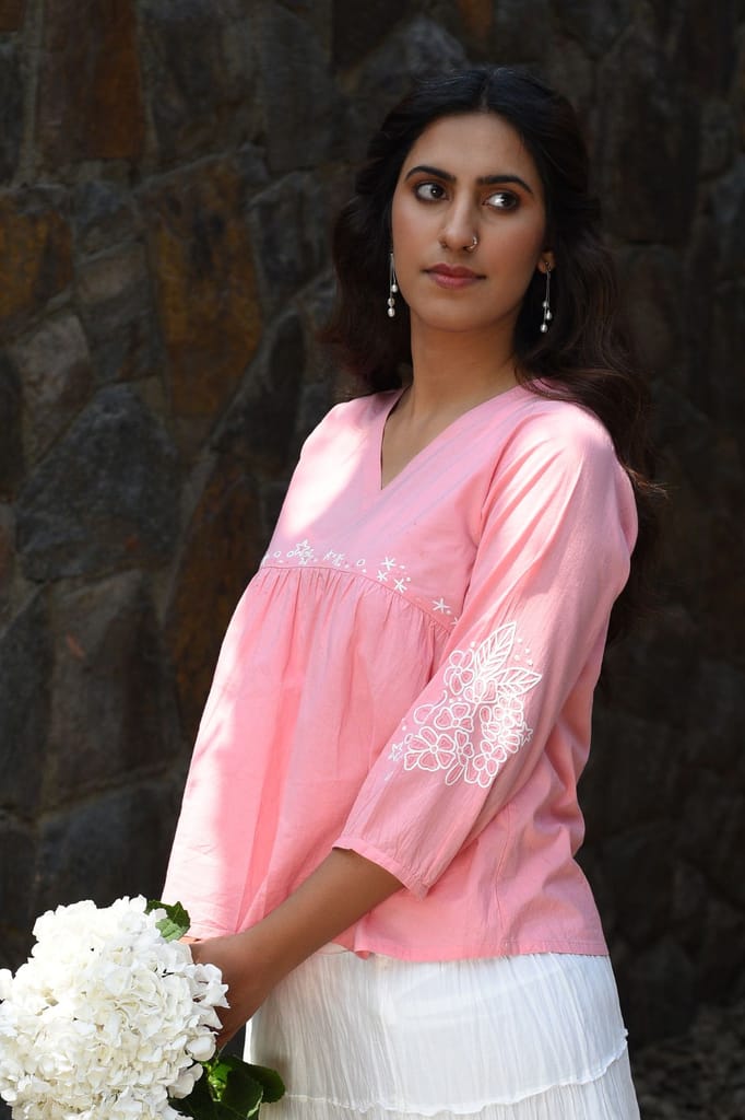Nargis Pink Kashmiri Crewel Hand Embroidered Cotton V-Neck Top view 2