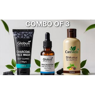 (Combo of 3) CareVeda Ayurvedic Shikakai Shampoo 100ml & Globus Charcoal Face Wash 100g & Globus Niacinamide Face Serum 50ml