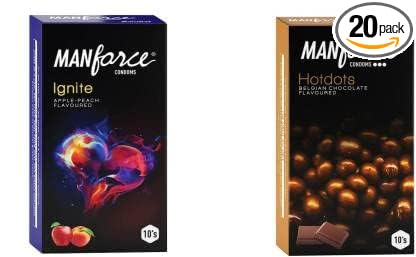 MANFORCE Ignite Apple-peach Flavoured Extra Dotted Box Condoms - 10 Pieces & Premium Hotdots Belgian Chocolate Condoms with Bigger Dots - 10 Pieces Condom (Set of 2 20 Sheets)