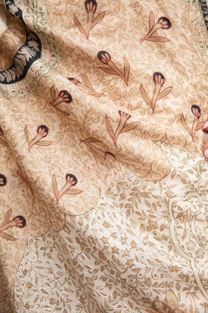 Beige and Green Floral Jacquard Pashmina Shawl view 2