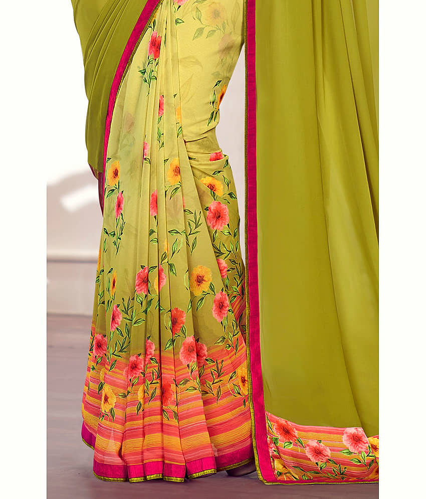 BLEESBURY Georgette Printed Saree With Unstitched Blouse Piece ( Mint Green ) view 2