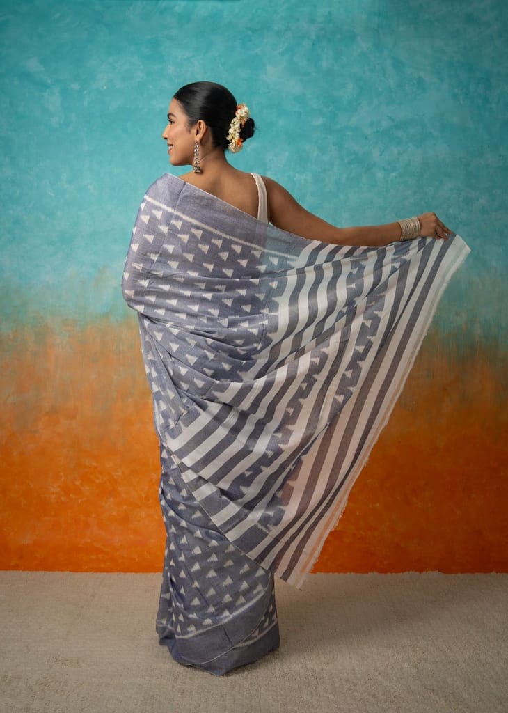 Blueish Grey Arrow Cotton Saree view 2