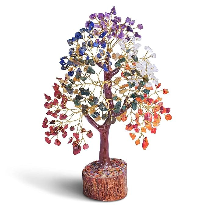 Multicolor Crystal Gemstone Money Tree Chakra Healing Bonsai Tree with Wood Base