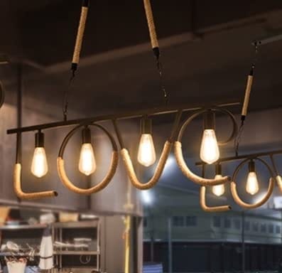 SPARKWORLD Industrial LOVE Pendant Ceiling Light Black Metal & Jute Rope, 4-Socket E27 Base (Bulbs Not Included) | Colour: Love Rope view 2