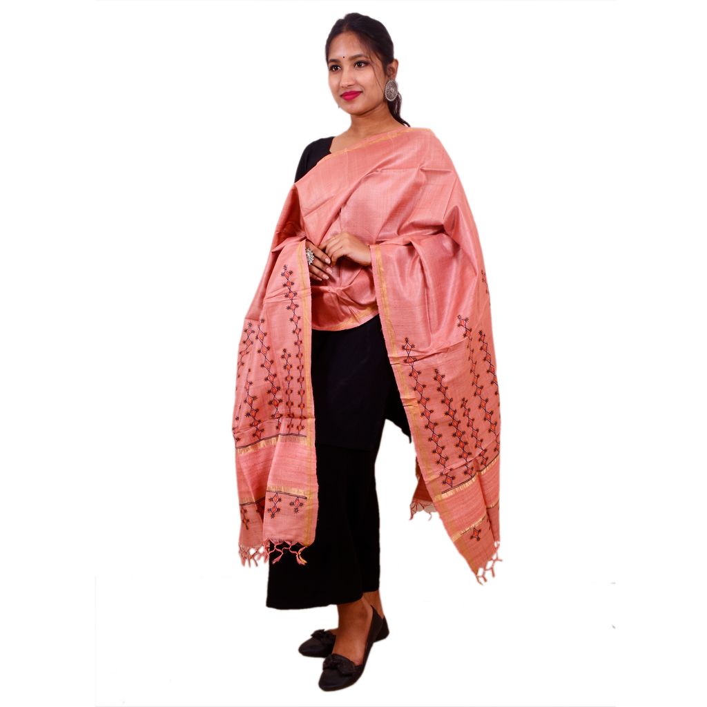 Tribes India Godna Painted Red Pink Tussar Dupatta/Stole view 2