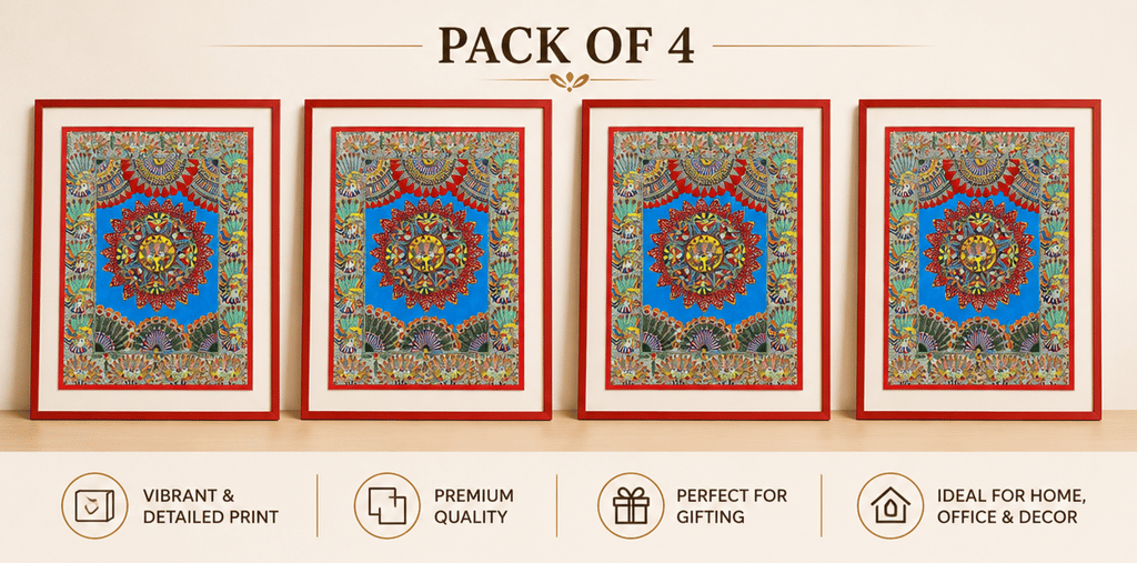 [Pack of 4] Traditional Madhubani Painting – Mandala with Peacocks and Floral Motis