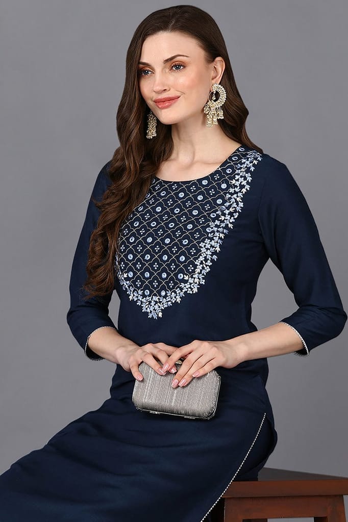 Navy Blue Silk Blend Embroidered Straight Kurta VCK9286 view 2