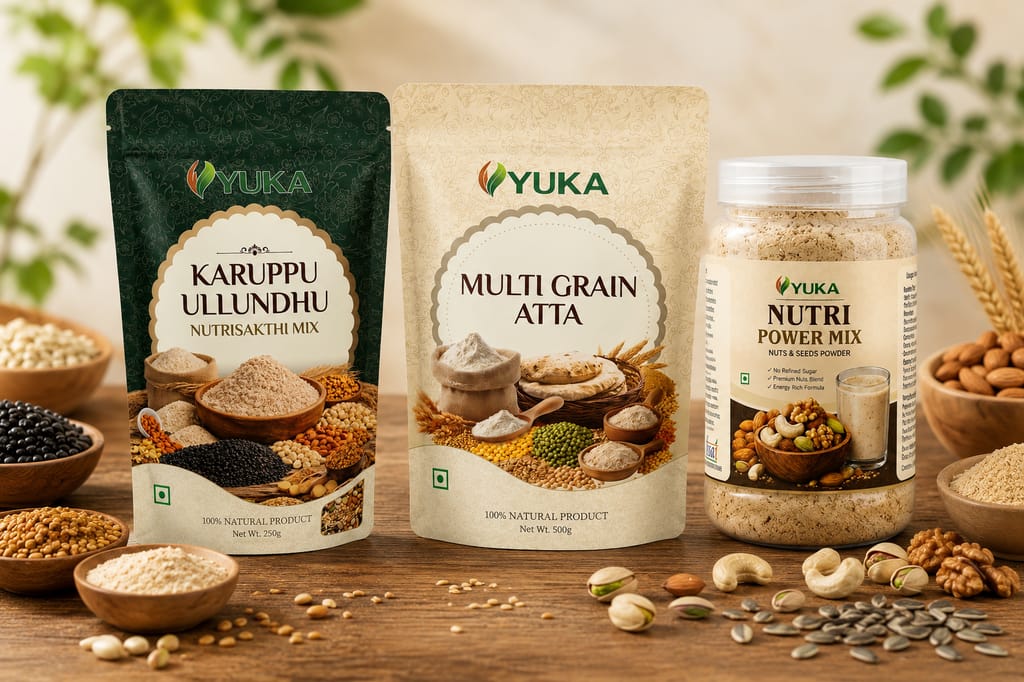 YUKA Wellness Premium Health Combo | Nutri Power Mix 100g + Multigrain Atta 250g + Karuppu Ullundhu NutriSakthi Mix 250g | High Protein & Fibre | No Refined Sugar