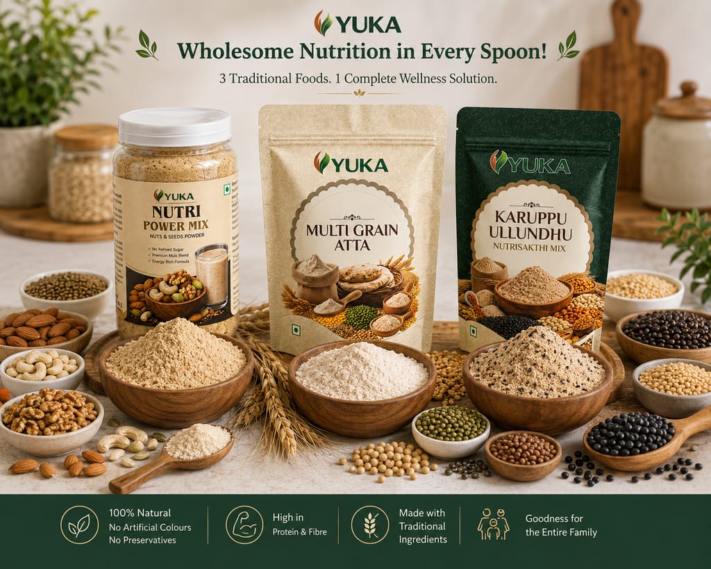 YUKA Wellness Premium Health Combo | Nutri Power Mix 100g + Multigrain Atta 250g + Karuppu Ullundhu NutriSakthi Mix 250g | High Protein & Fibre | No Refined Sugar view 2