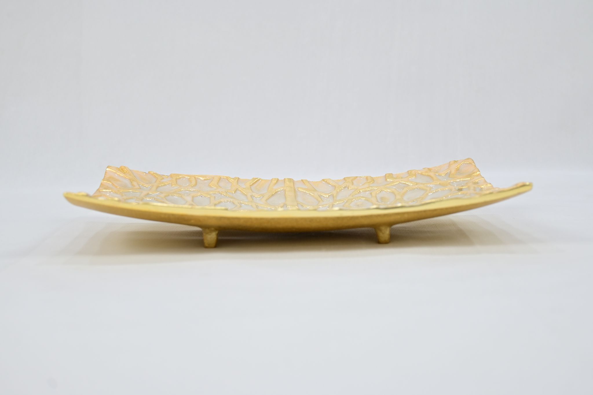 Aluminium Curve Shaped Rectangle Platter with Embossed Floral Decaling Pattern, Unique Metal Creation view 2